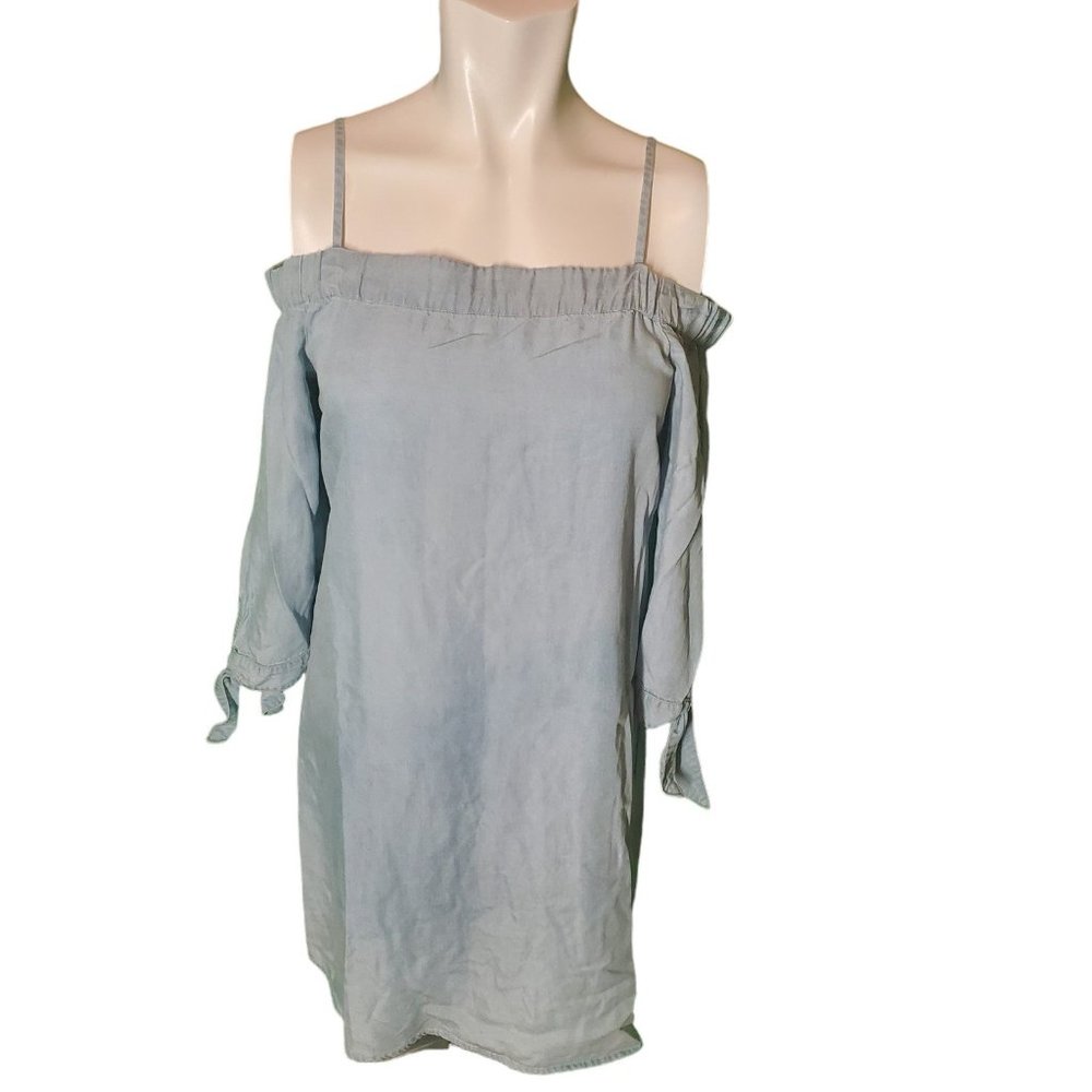 Ella Moss Blue Chambray Off Shoulder Boho Shift Dress Lyocell Bow Detail Sz S